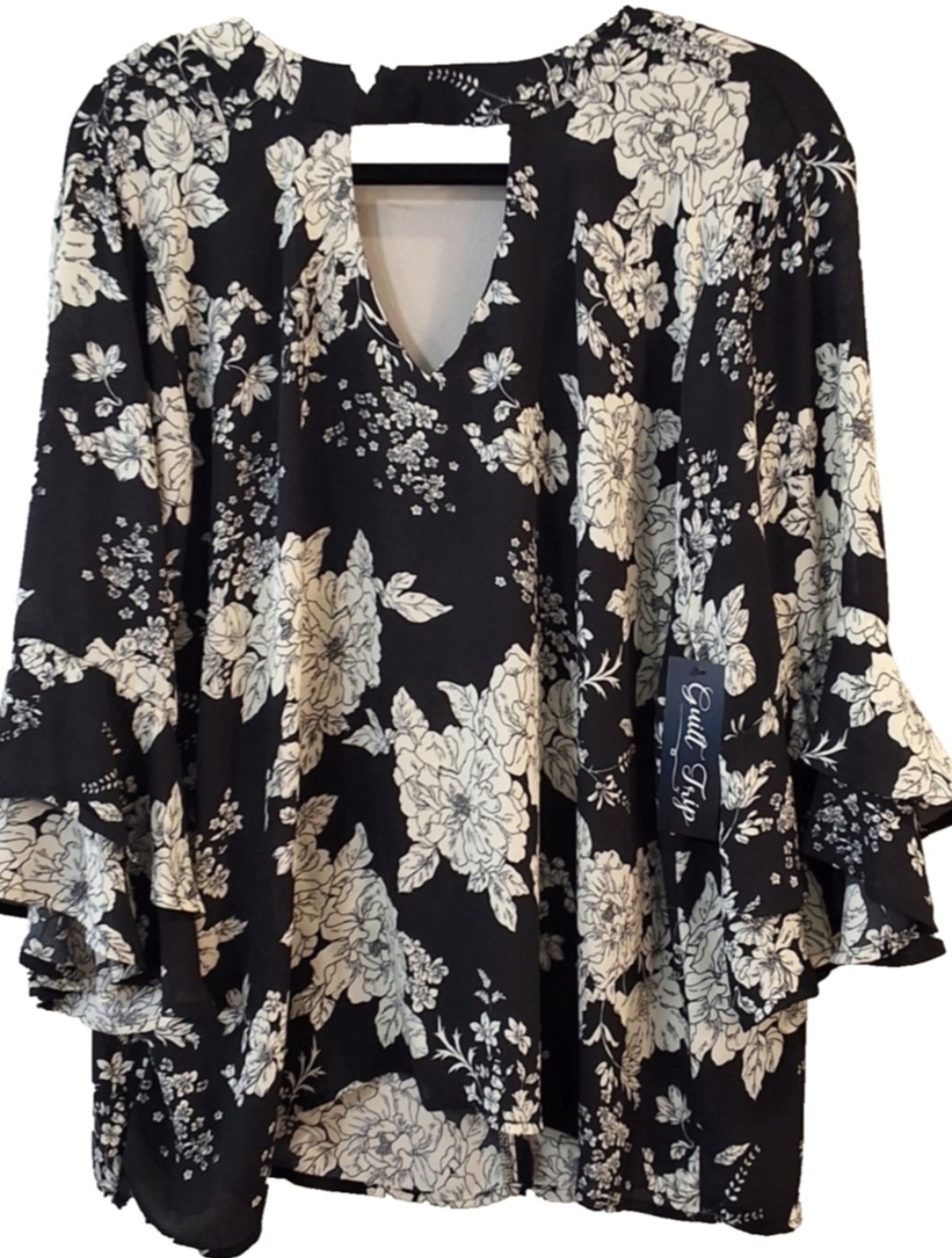 Guilt Trip Women's Floral Blouse 1XL Keyhole Neckline Flutter Sleeve Classic B&W